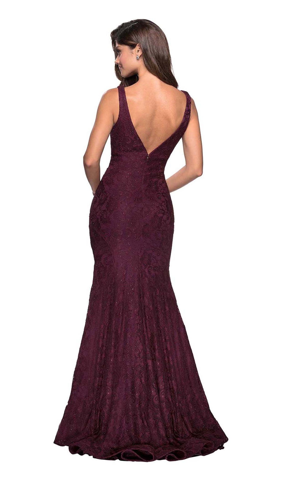 La Femme 27464C Lace Beaded Embroidered Plunging V Neck Formal Dress