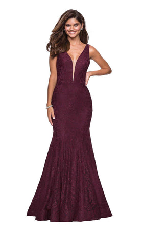 La Femme 27464C Lace Beaded Embroidered Plunging V Neck Formal Dress