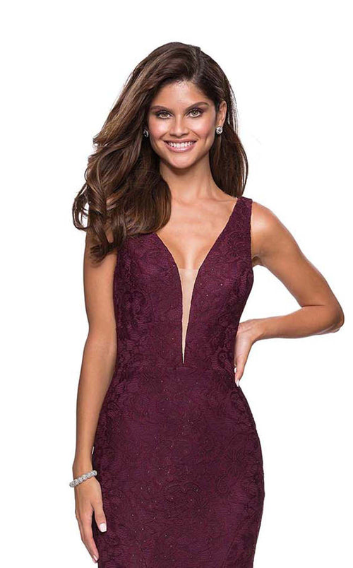 La Femme 27464C Lace Beaded Embroidered Plunging V Neck Formal Dress
