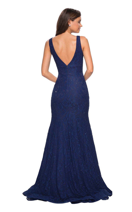La Femme 27464C Lace Beaded Embroidered Plunging V Neck Formal Dress