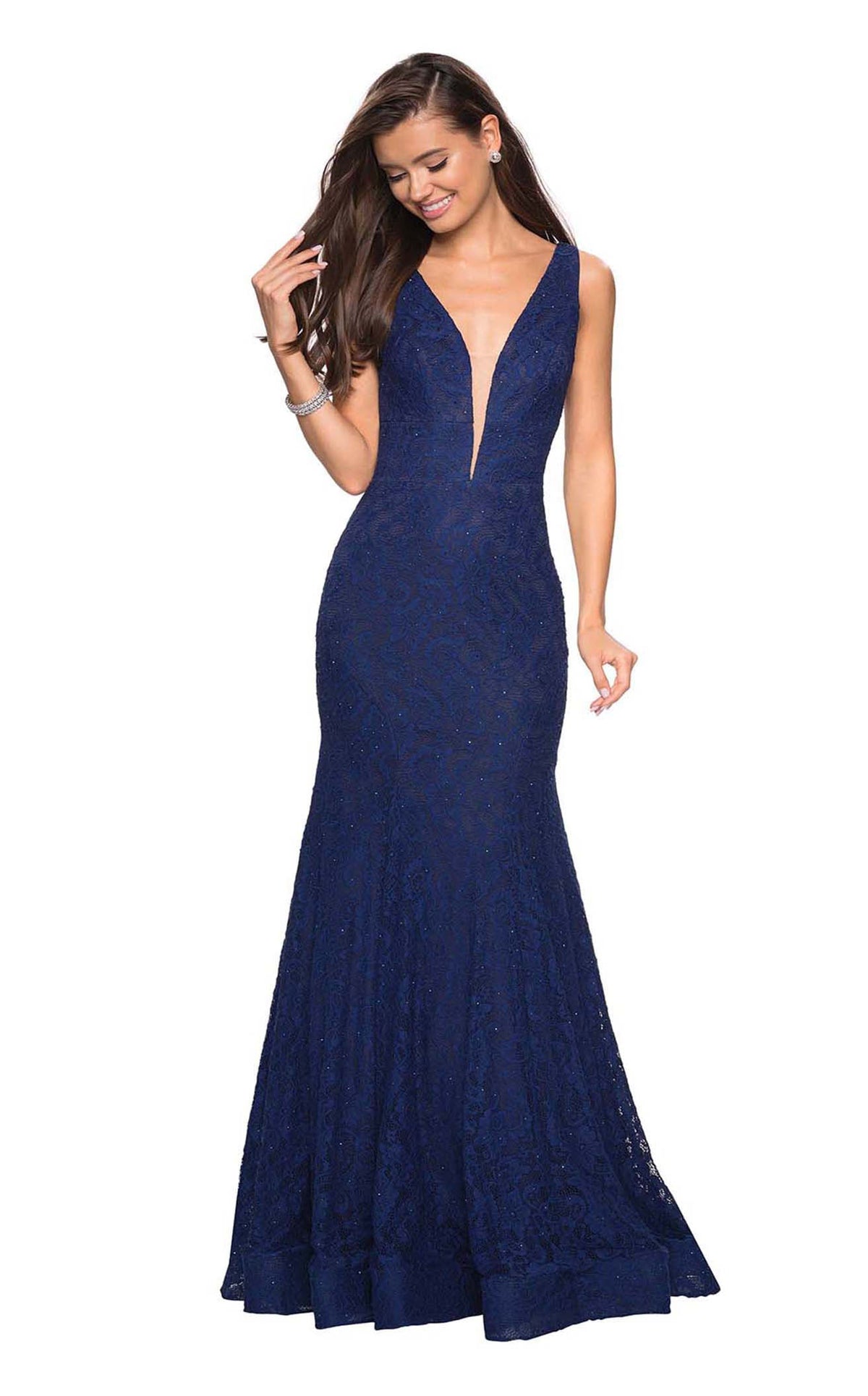 La Femme 27464C Lace Beaded Embroidered Plunging V Neck Formal Dress