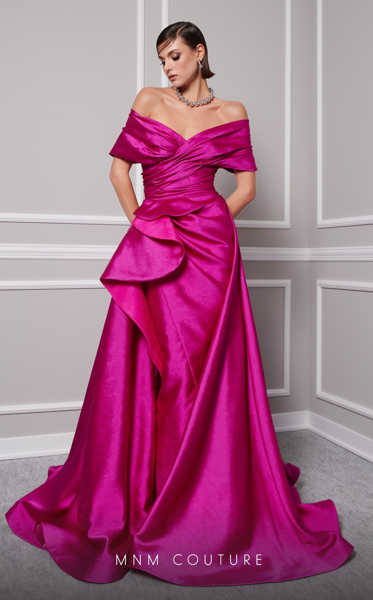 MNM Couture 2747A Mustard Strapless Brocade Gown with Slit and Train
