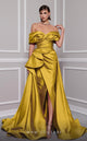 MNM Couture 2747A Mustard Strapless Brocade Gown with Slit and Train