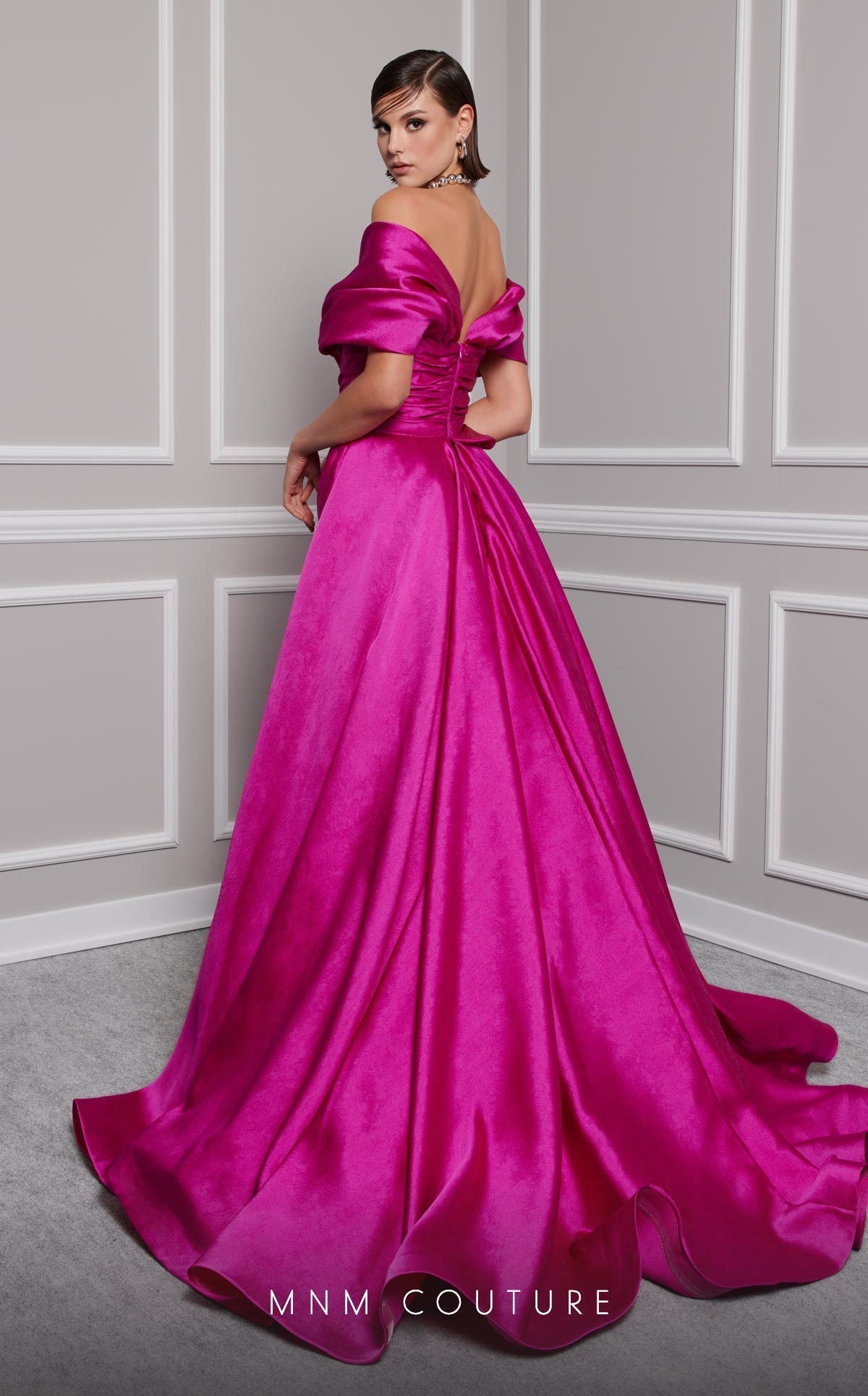 MNM Couture 2747A Mustard Strapless Brocade Gown with Slit and Train