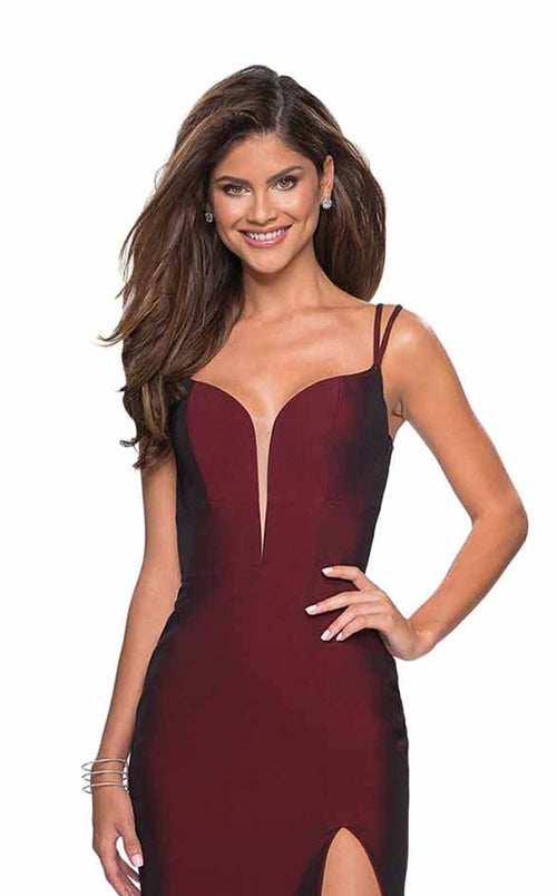La Femme 27512C Jersey Open Back Slit Sweetheart Prom Dress
