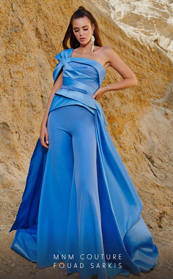 Dramatic Light-Blue One-Shoulder Jumpsuit by MNM Couture