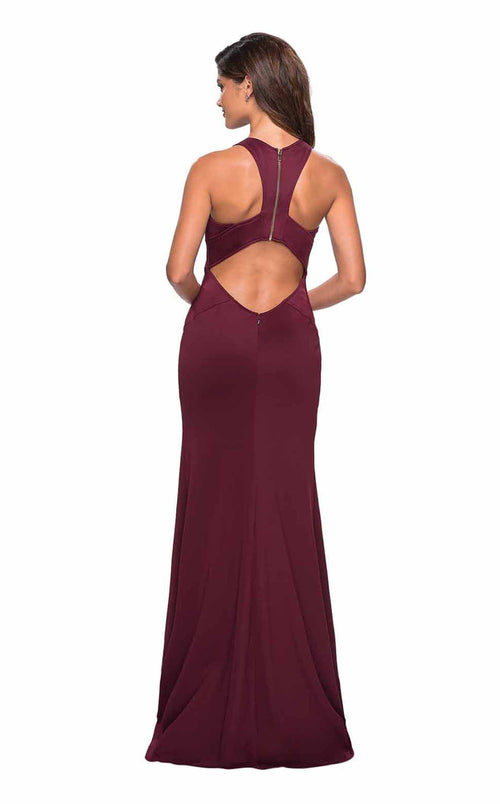 La Femme 27573C Jersey Slit V Neck Sleeveless Prom Dress