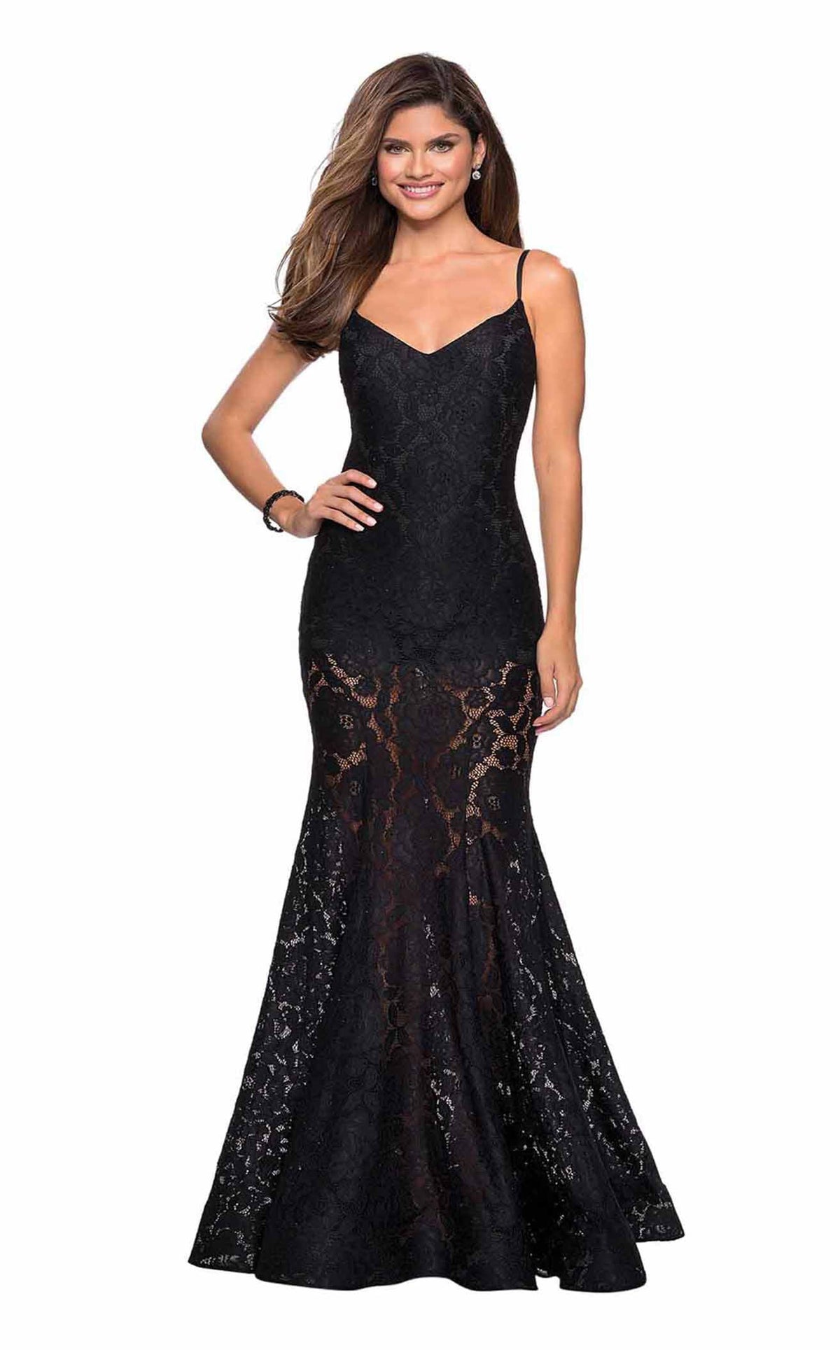 La Femme 27584C Lace Beaded Embroidered V Neck Prom Dress