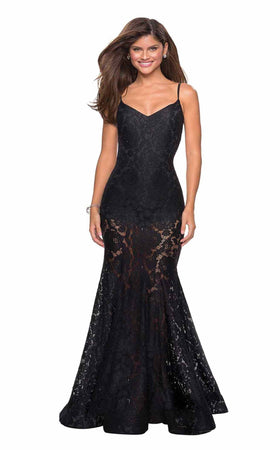 La Femme 27584C Lace Beaded Embroidered V Neck Prom Dress