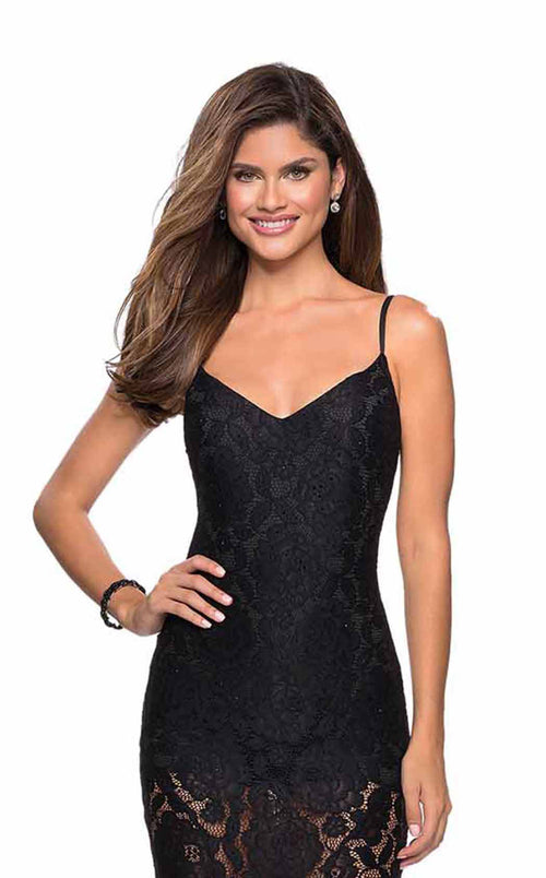 La Femme 27584C Lace Beaded Embroidered V Neck Prom Dress