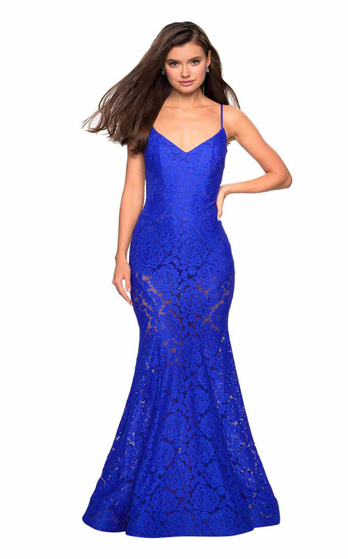 La Femme 27584C Lace Beaded Embroidered V Neck Prom Dress
