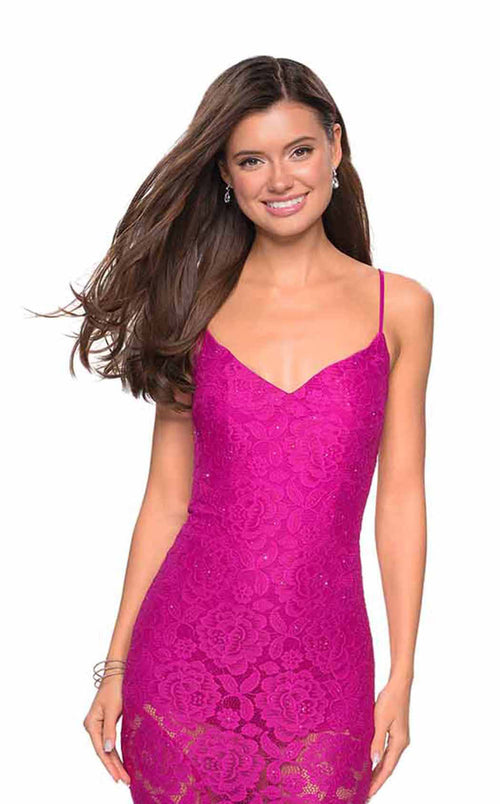 La Femme 27584C Lace Beaded Embroidered V Neck Prom Dress