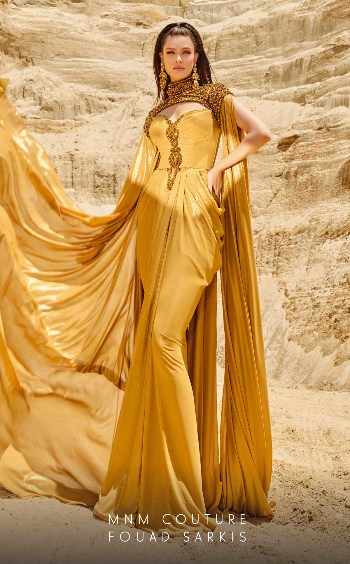 MNM Couture 2759 Mustard Metallic Chiffon Column Gown with Cap Sleeves