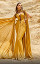 MNM Couture 2759 Mustard Metallic Chiffon Column Gown with Cap Sleeves