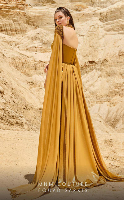 MNM Couture 2759 Mustard Metallic Chiffon Column Gown with Cap Sleeves
