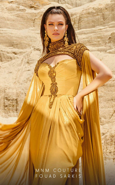 MNM Couture 2759 Mustard Metallic Chiffon Column Gown with Cap Sleeves