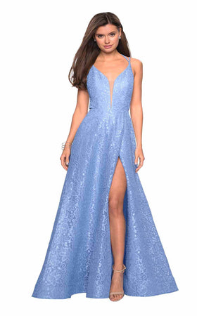 La Femme 27612C Lace Embroidered Open Back V Neck Formal Dress