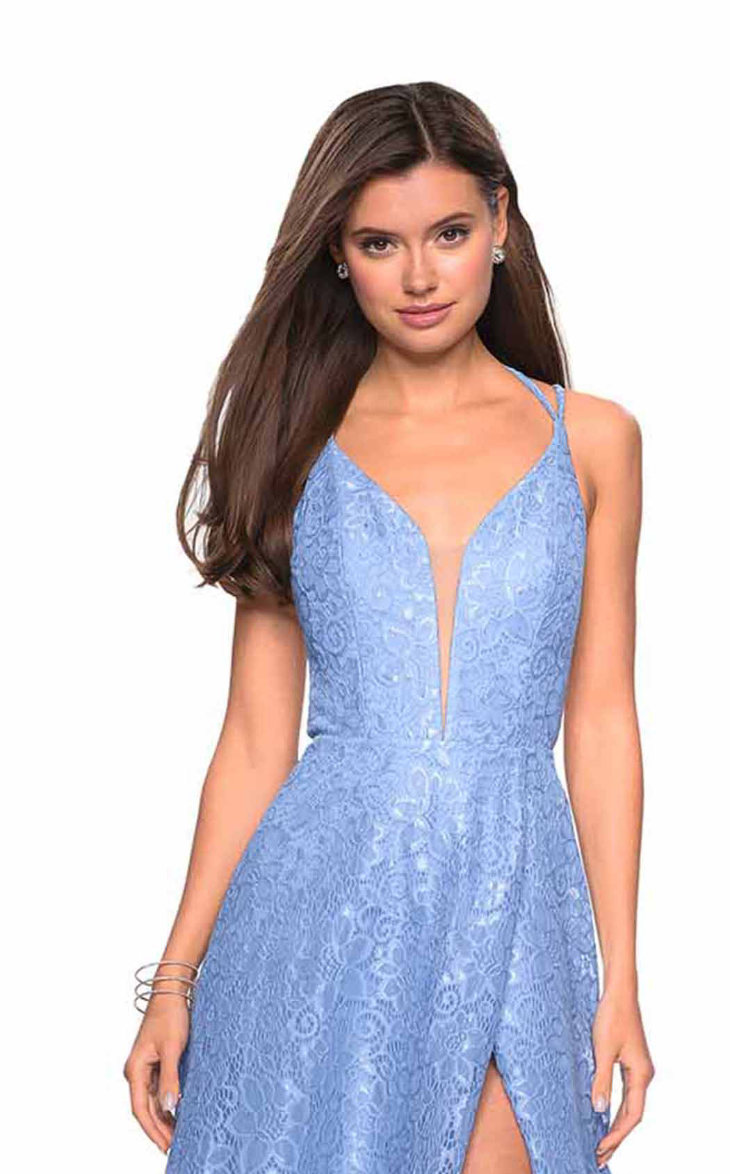 La Femme 27612C Lace Embroidered Open Back V Neck Formal Dress