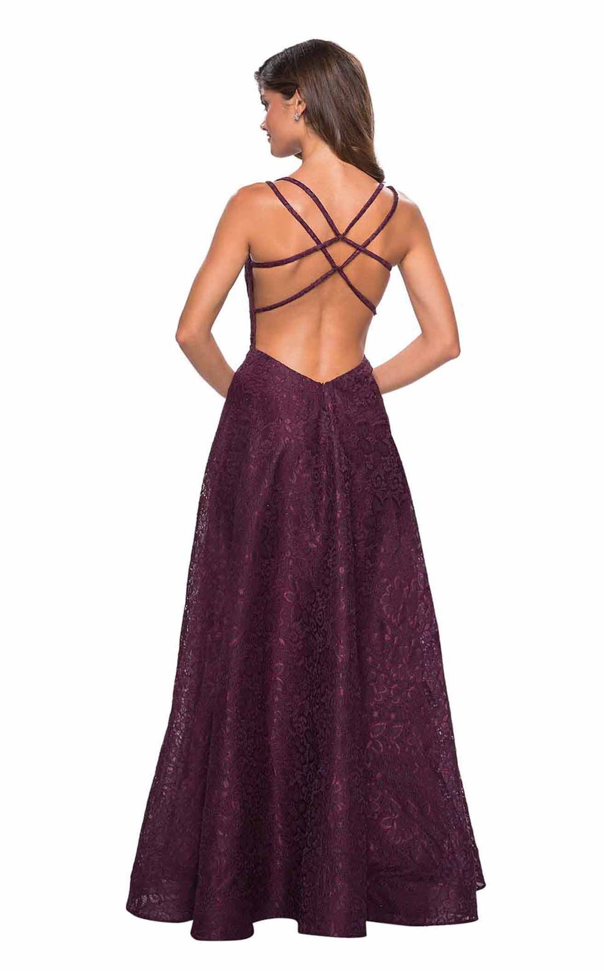La Femme 27612C Lace Embroidered Open Back V Neck Formal Dress