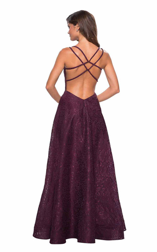 La Femme 27612C Lace Embroidered Open Back V Neck Formal Dress