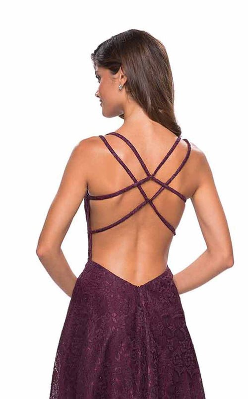 La Femme 27612C Lace Embroidered Open Back V Neck Formal Dress