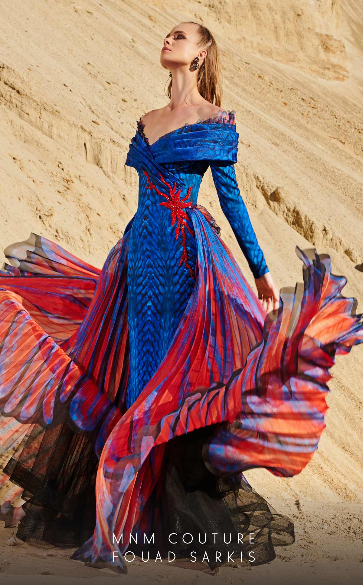 Fouad Sarkis 2762 Off-Shoulder Gown with Flowing Cape Panels