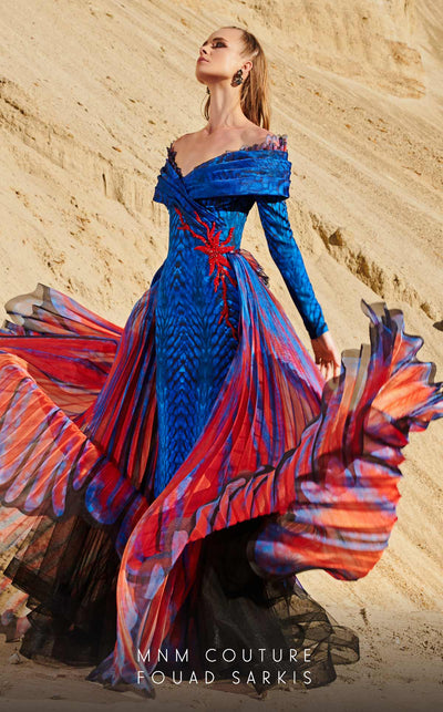 Fouad Sarkis 2762 Off-Shoulder Gown with Flowing Cape Panels