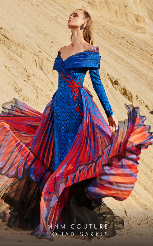 Fouad Sarkis 2762 Off-Shoulder Gown with Flowing Cape Panels
