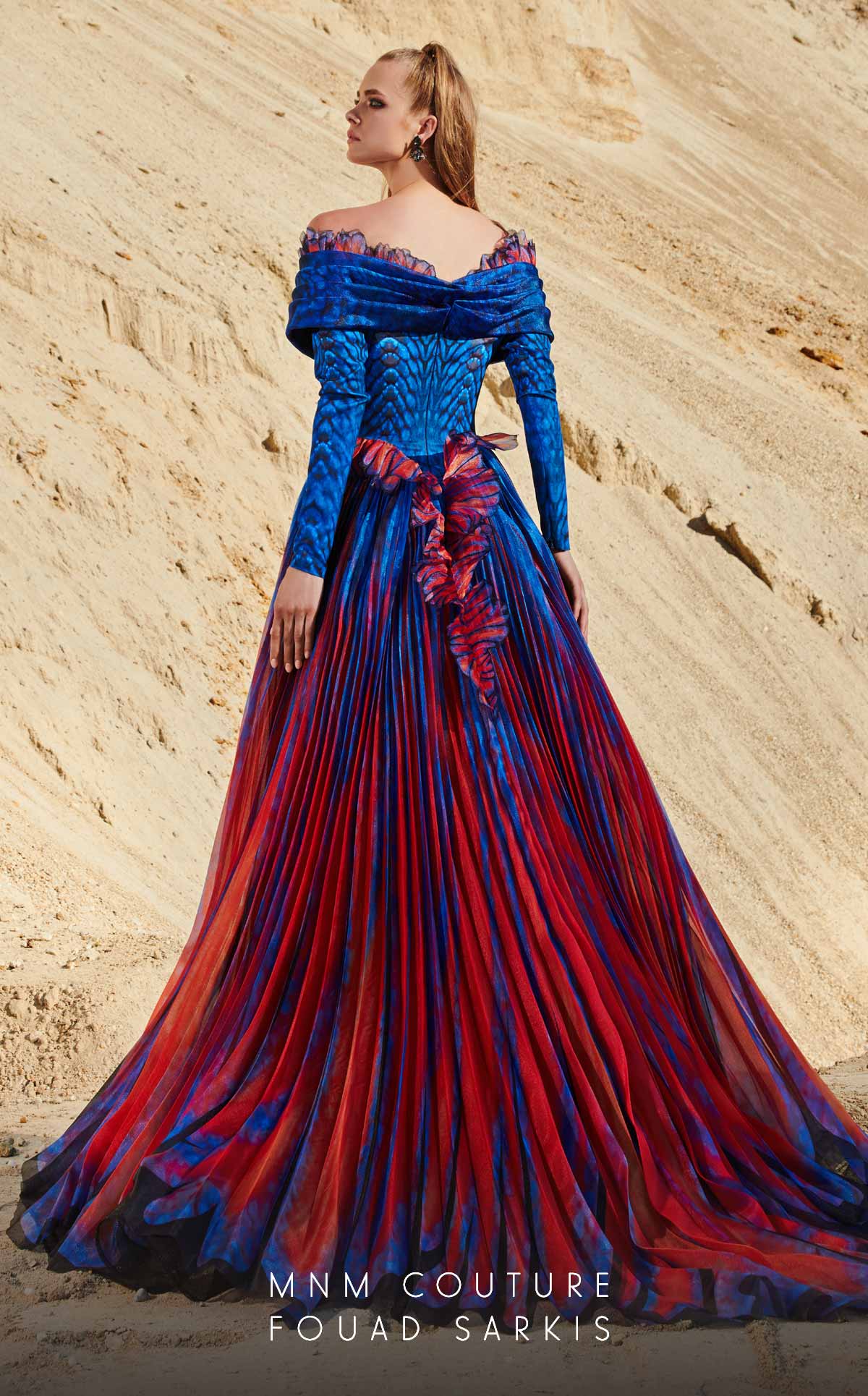 Fouad Sarkis 2762 Off-Shoulder Gown with Flowing Cape Panels