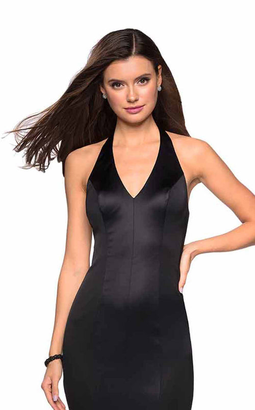 La Femme 27653C Satin Open Back Slit V Neck Prom Dress