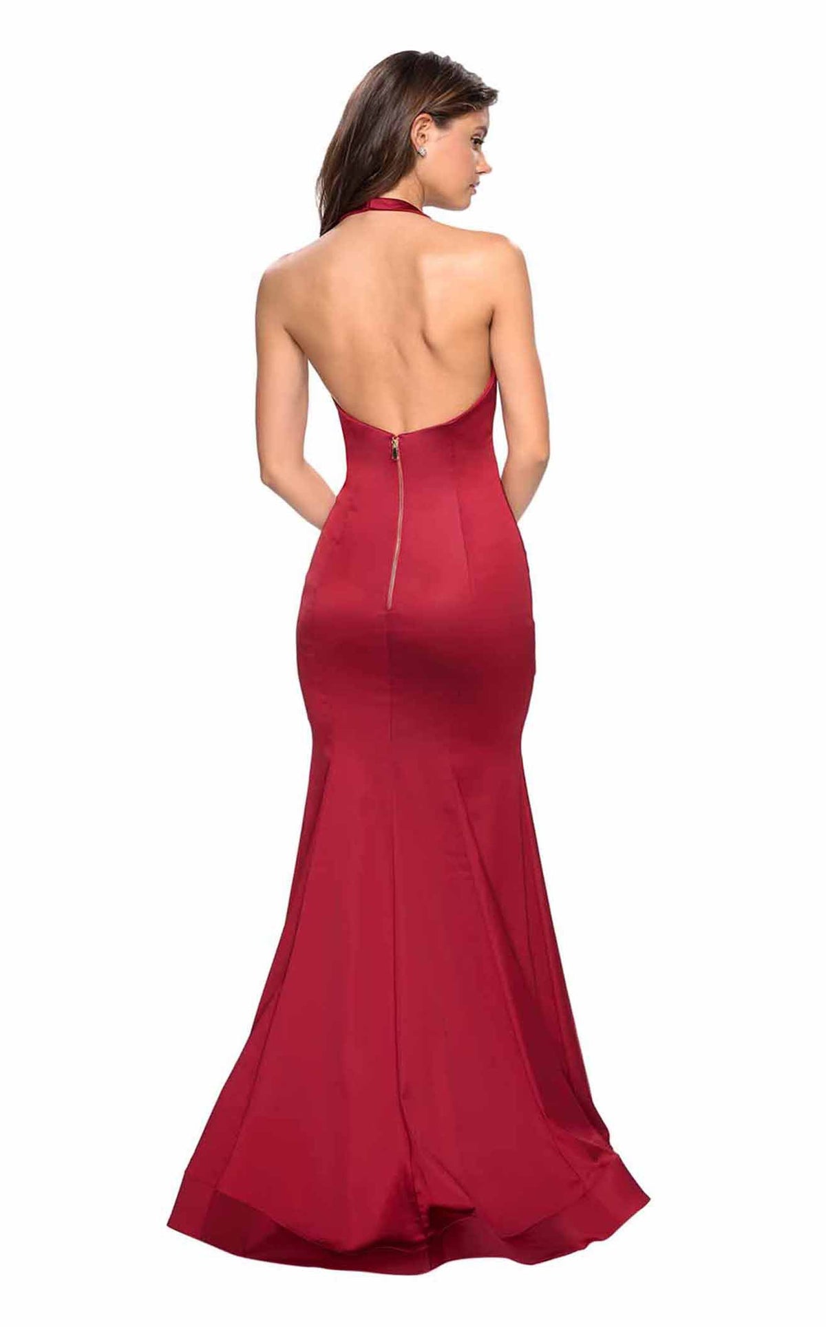 La Femme 27653C Satin Open Back Slit V Neck Prom Dress
