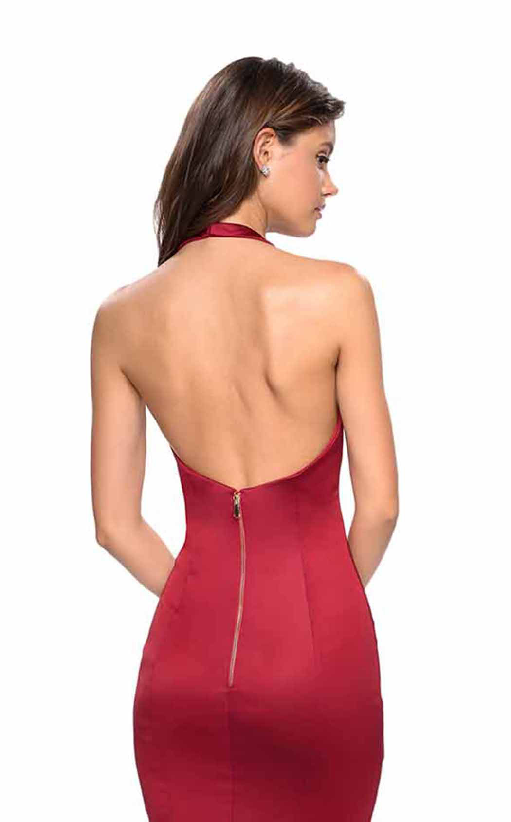 La Femme 27653C Satin Open Back Slit V Neck Prom Dress