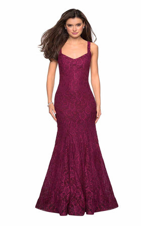 La Femme 27709C Lace Beaded Embroidered V Neck Prom Dress
