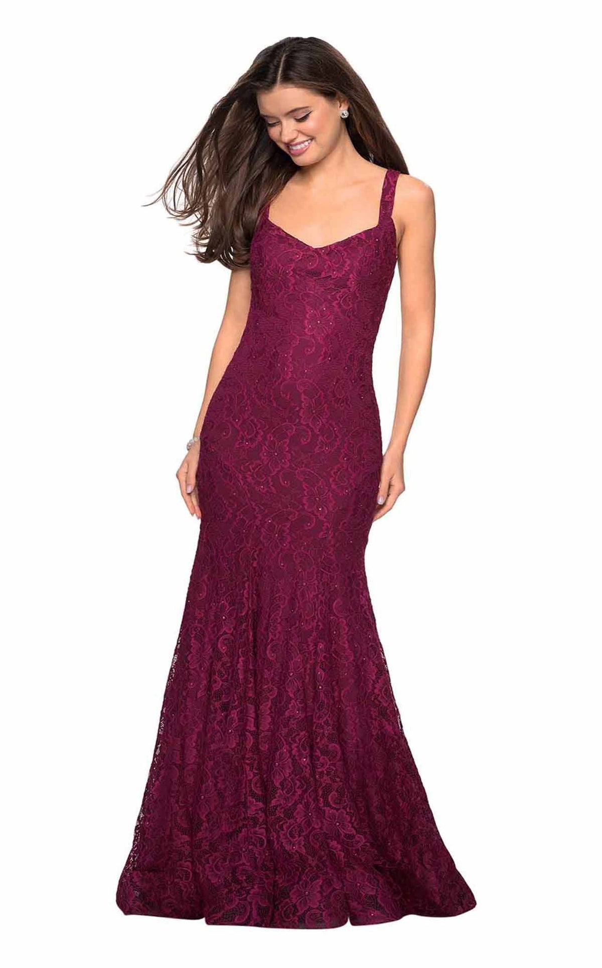 La Femme 27709C Lace Beaded Embroidered V Neck Prom Dress