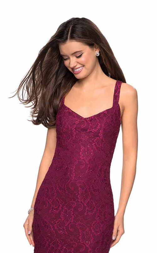 La Femme 27709C Lace Beaded Embroidered V Neck Prom Dress