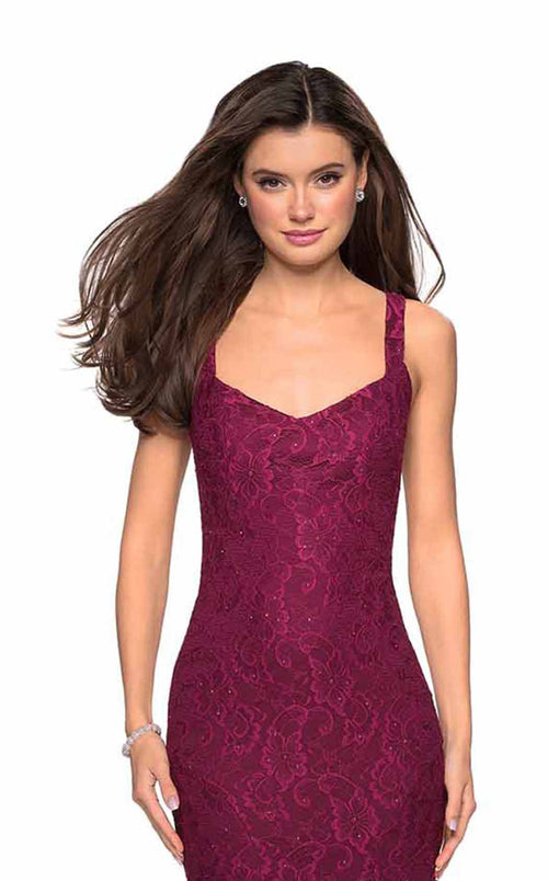 La Femme 27709C Lace Beaded Embroidered V Neck Prom Dress