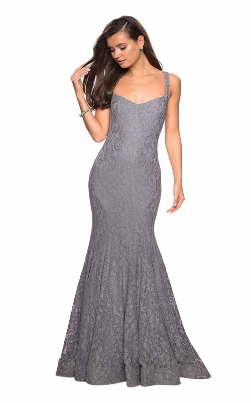 La Femme 27709C Lace Beaded Embroidered V Neck Prom Dress