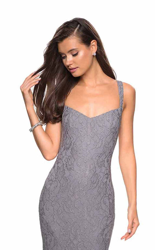 La Femme 27709C Lace Beaded Embroidered V Neck Prom Dress