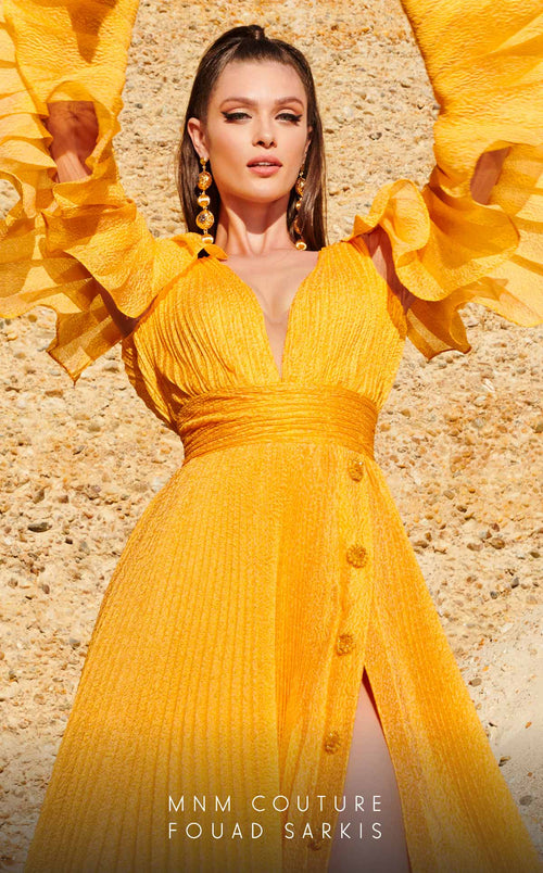 Fouad Sarkis 2775 Pleated Gown with Statement Sleeves