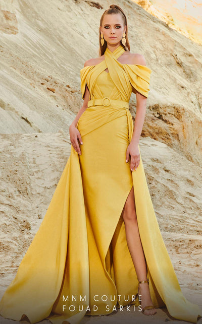 Fouad Sarkis 2776 Off-Shoulder Draped Gown with Belt