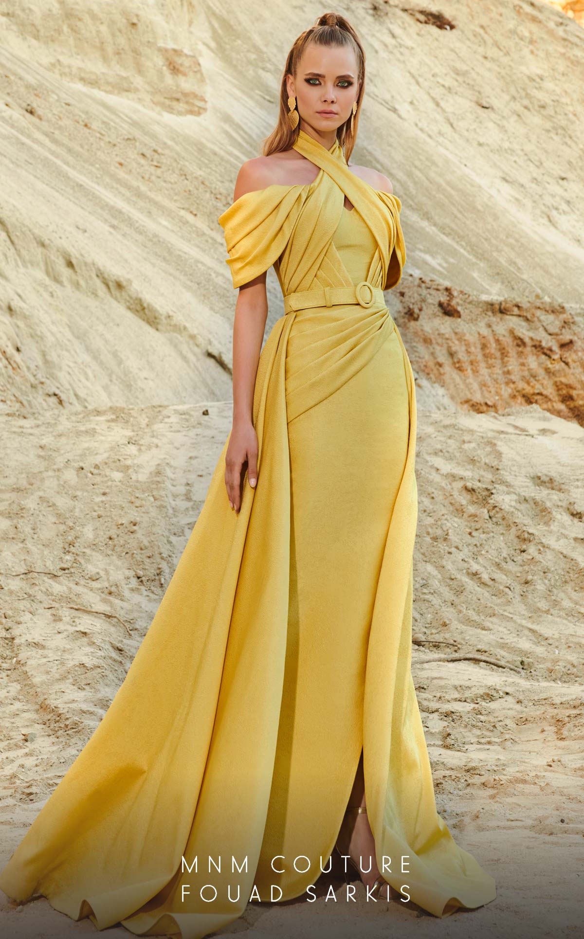 Fouad Sarkis 2776 Off-Shoulder Draped Gown with Belt