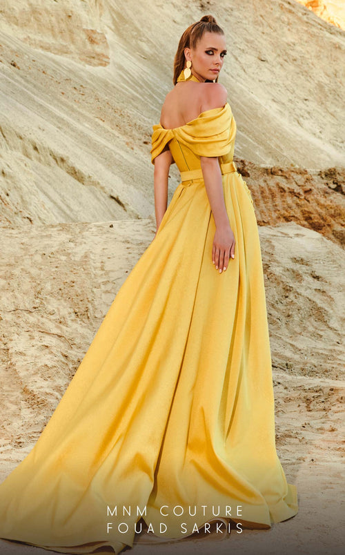 Fouad Sarkis 2776 Off-Shoulder Draped Gown with Belt