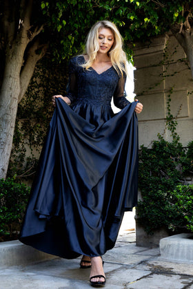 Satin A-Line Evening Gown with Lace Appliqué Bodice, 3/4 Illusion Sleeves & Pockets by Lenovia 8435