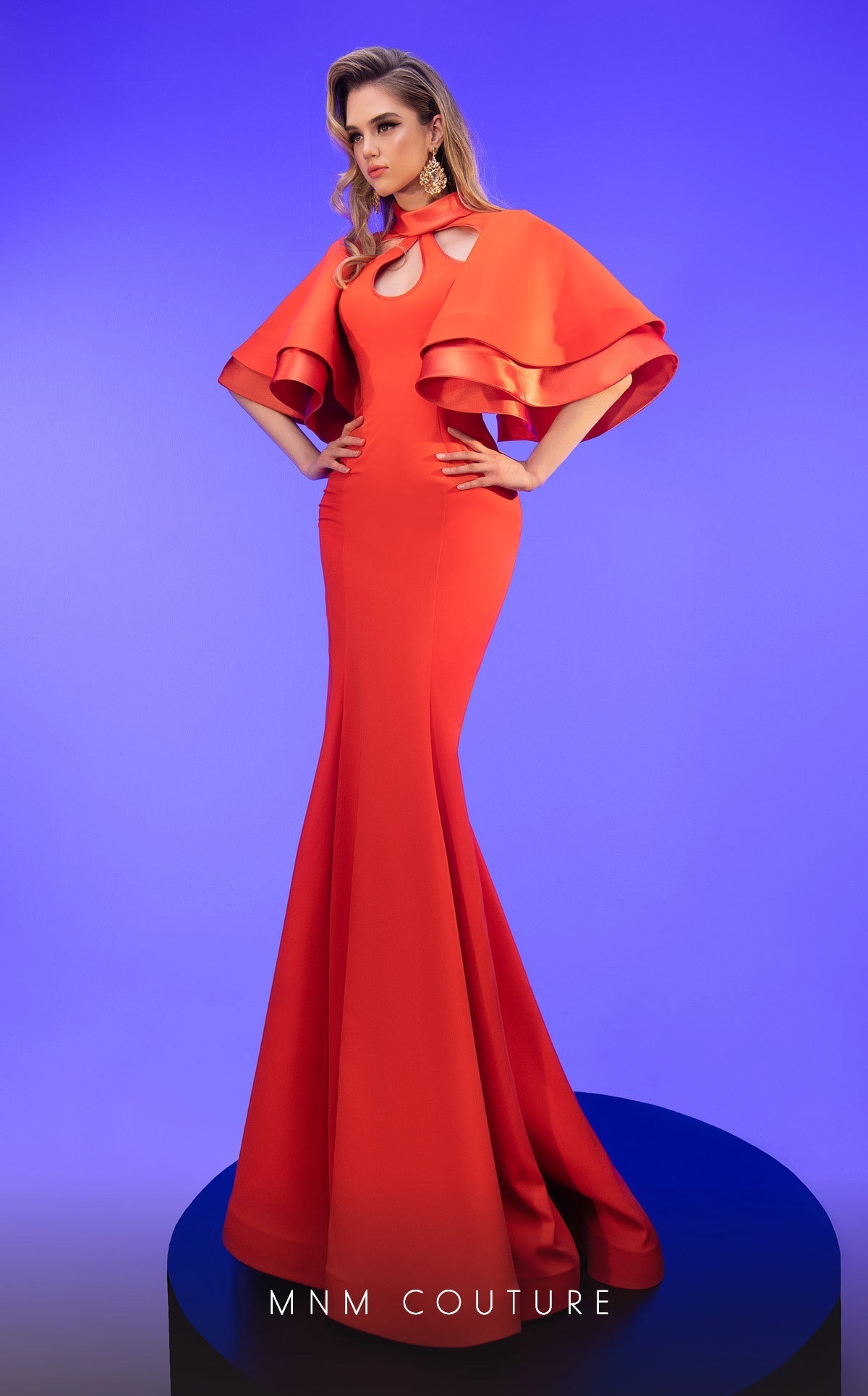 MNM Couture 2798 Black Mermaid Gown with Keyhole Neck & Puffed Sleeves