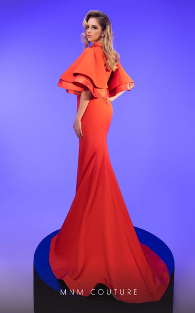 MNM Couture 2798 Black Mermaid Gown with Keyhole Neck & Puffed Sleeves