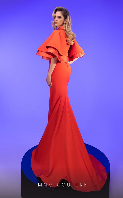 MNM Couture 2798 Black Mermaid Gown with Keyhole Neck & Puffed Sleeves