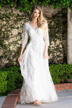 Ivory 3/4 Sleeve Lace Wedding Dress with V-Neck Floral Embroidered Bridal Gown by Lenovia 8356