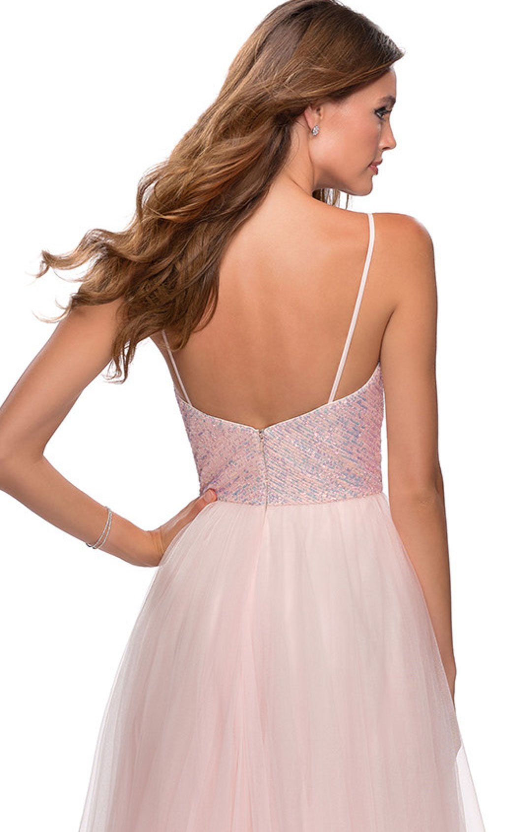 La Femme 28464C Beaded Sequin Open Back V Neck Prom Dress