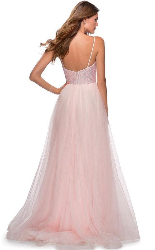 La Femme 28464C Beaded Sequin Open Back V Neck Prom Dress