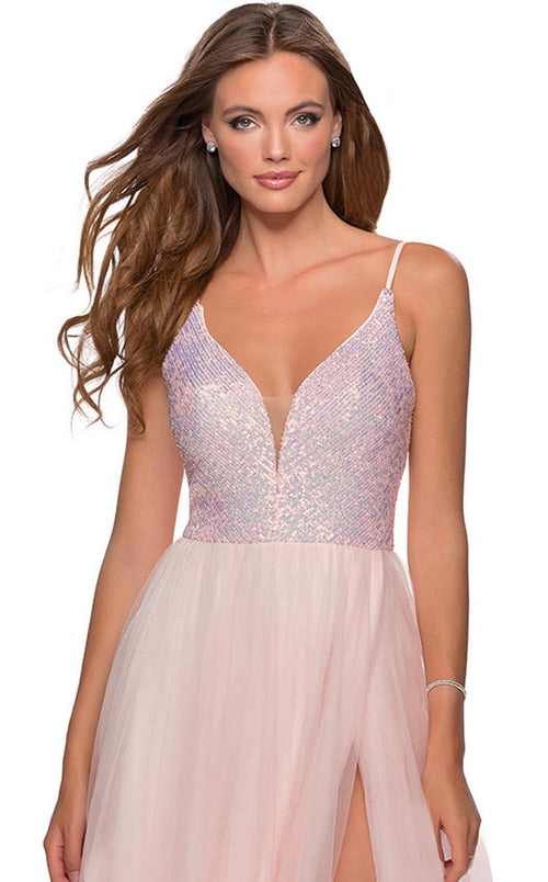 La Femme 28464C Beaded Sequin Open Back V Neck Prom Dress